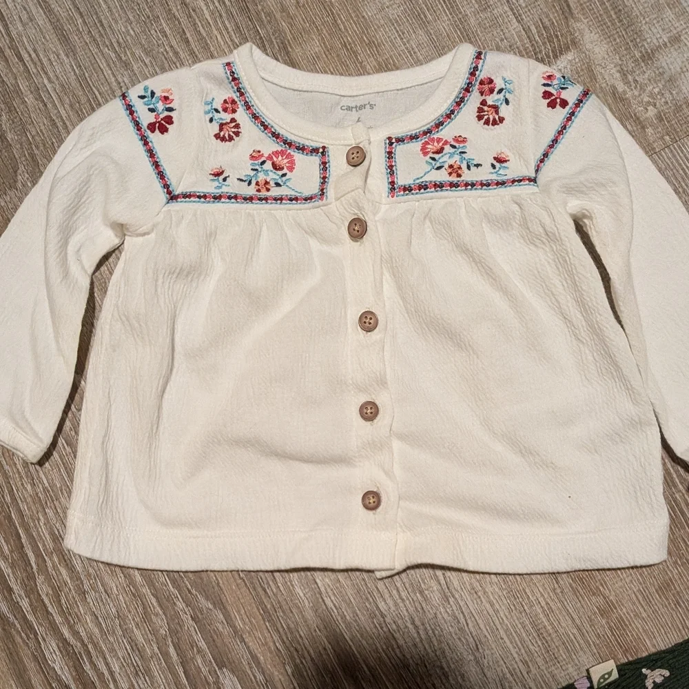 NEW Baby Boho White Embroidered Cardigan & Green Mushroom Flare Pants Size 6 Mo